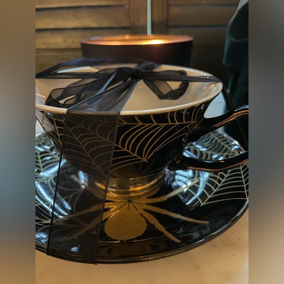 PARK CHATEAU NWOT Spider & Web Teacup And Saucer Set Black And White W/Gold Trim - Picture 9 of 10